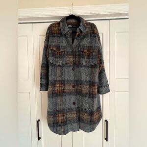 Zara blue plaid long overcoat shacket jacket size XS marant